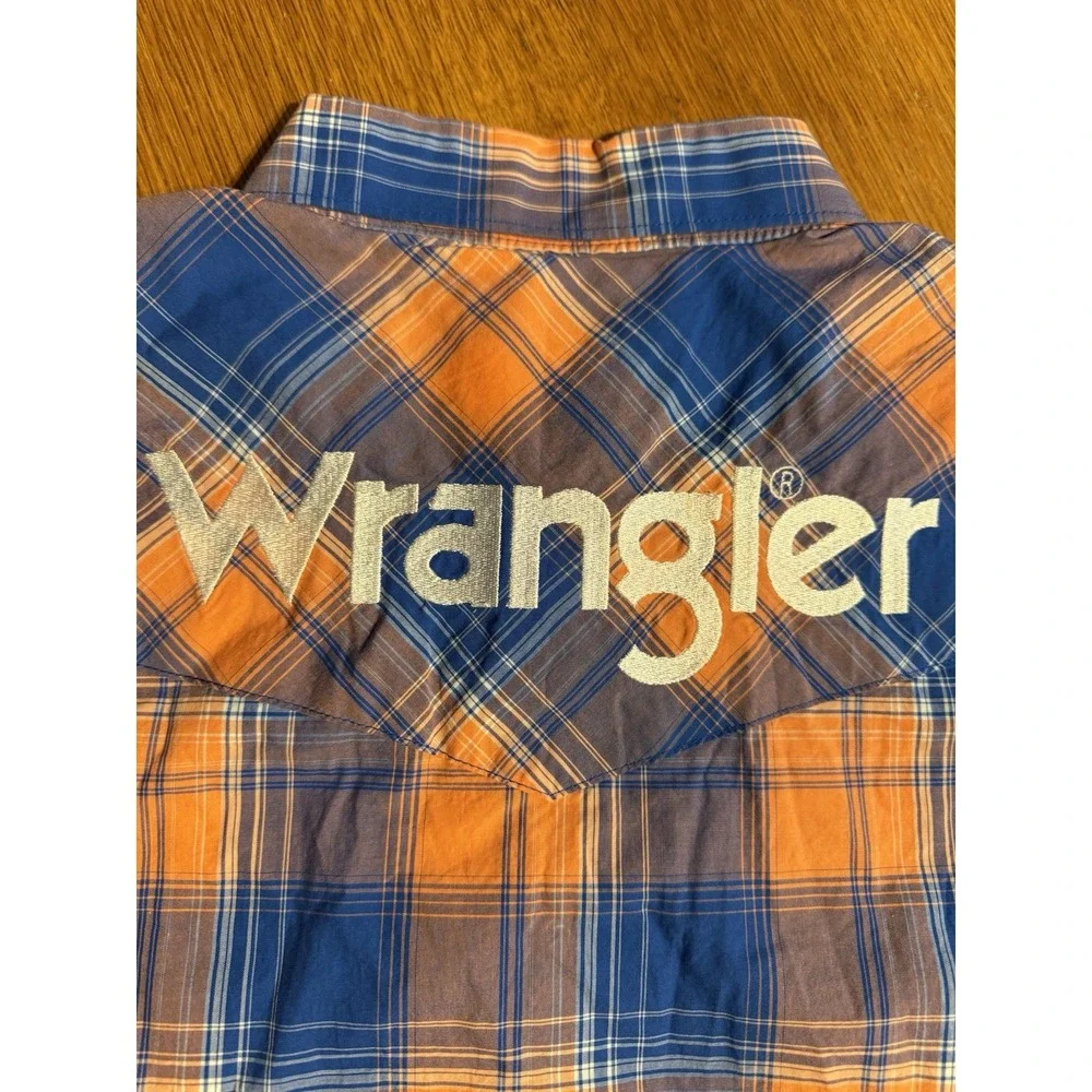 Wrangler Shirt Men's XL Orange‎ Blue Plaid Pearl Snap Western Rodeo Logo LS